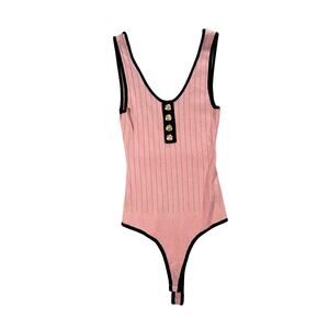 Pink Judith March Sweater Bodysuit Gold Button Tank Top Black Trim Yacht Chic